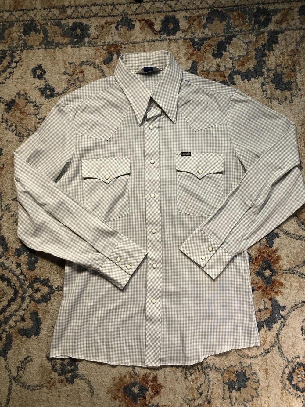Vintage Wrangler Shirt Mens M Gray Check Long Sleeve Western Pearl Snap USA
